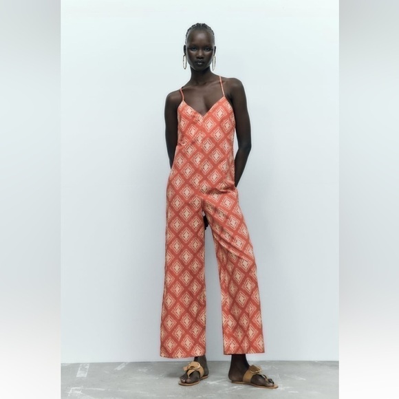 Zara LONG PRINT JUMPSUIT TERRACOTTA SZ US XL - Picture 2 of 11